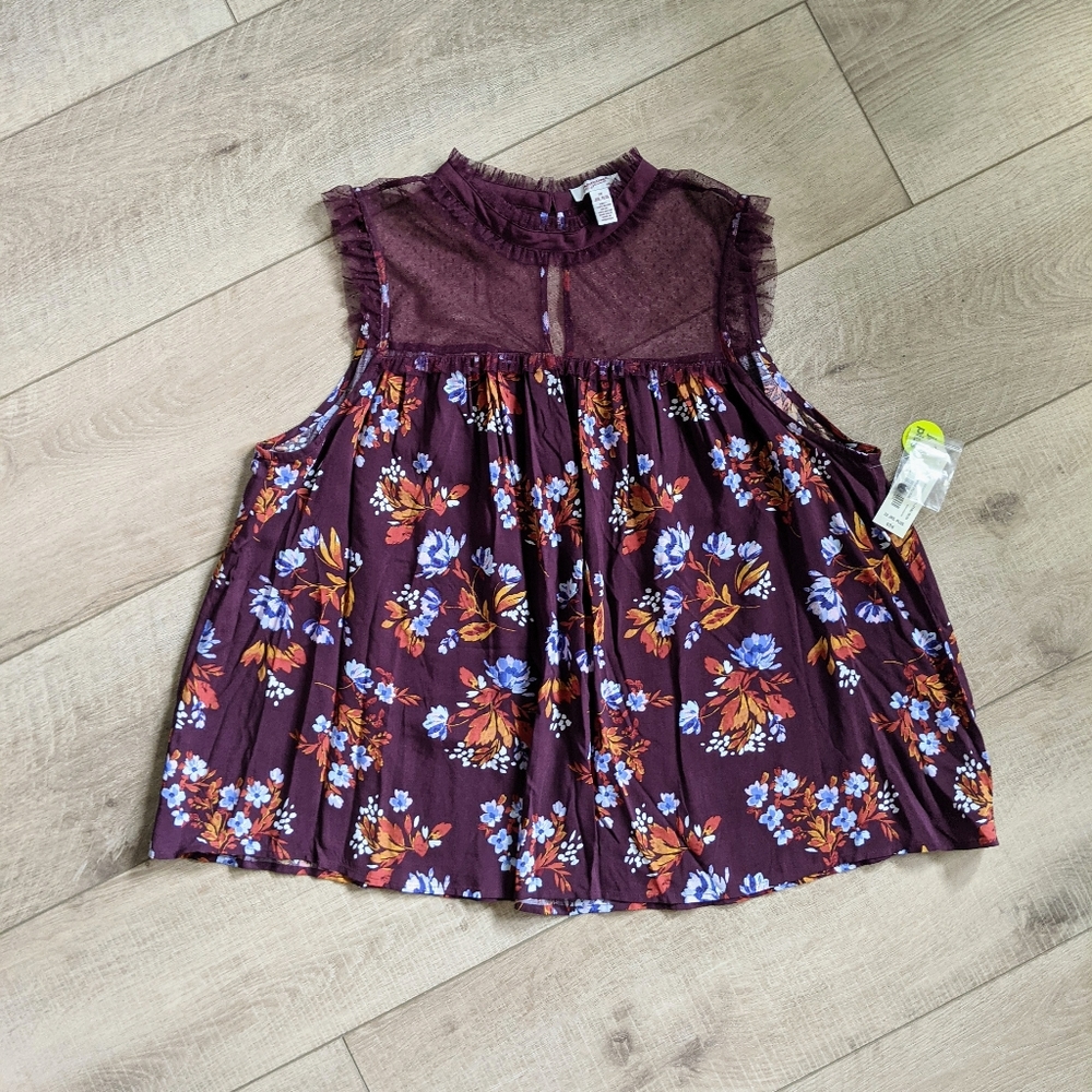 Junior's Plus Size Sleeveless High Neck Soft Mesh‎ Lace Flowy Dark Floral Top 2X